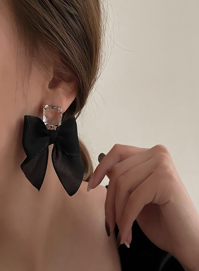 Aktully Crystal Bow Earrings for Women Black Ribbon Bowknot Stud Earrings Square Clear Rhinestone Earrings Tiny Bow Tie Ribbon Dangle Earrings Christmas Birthday Trendy Jewelry for Women (Black) - Image 2